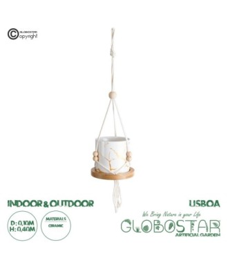 GloboStar® Artificial Garden USBOA 20545 Κρεμαστό Διακοσμητικό Κεραμικό Κασπώ Γλάστρα - Flower Pot Λευκό με Χρυσές Λεπτομέρειες και Μπεζ Ξύλινη Βάση Φ10 x Υ40cm